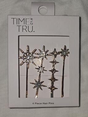 Time and Tru Women's Gold Tone Rhinestone Bobby Pin Set, 4-Piece New